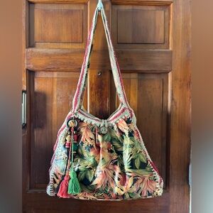 Patricia Nash Tropical Floral Leather Crochet Trim Tote Bag Boho Vacation Purse